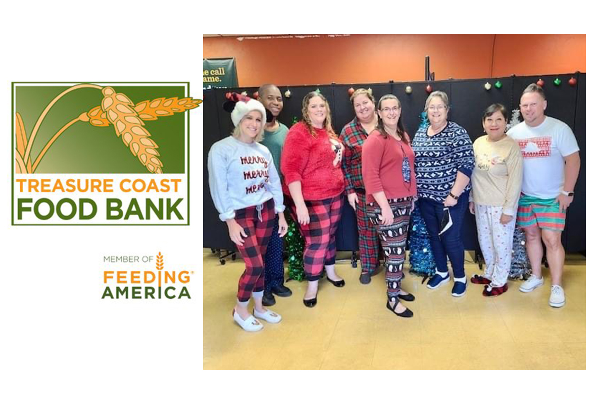 Staff members participate in Pajama Day as part of holiday festivities. Treasure Coast Food Bank. Martin County Lifestyle Magazine - Social Media Marketing
