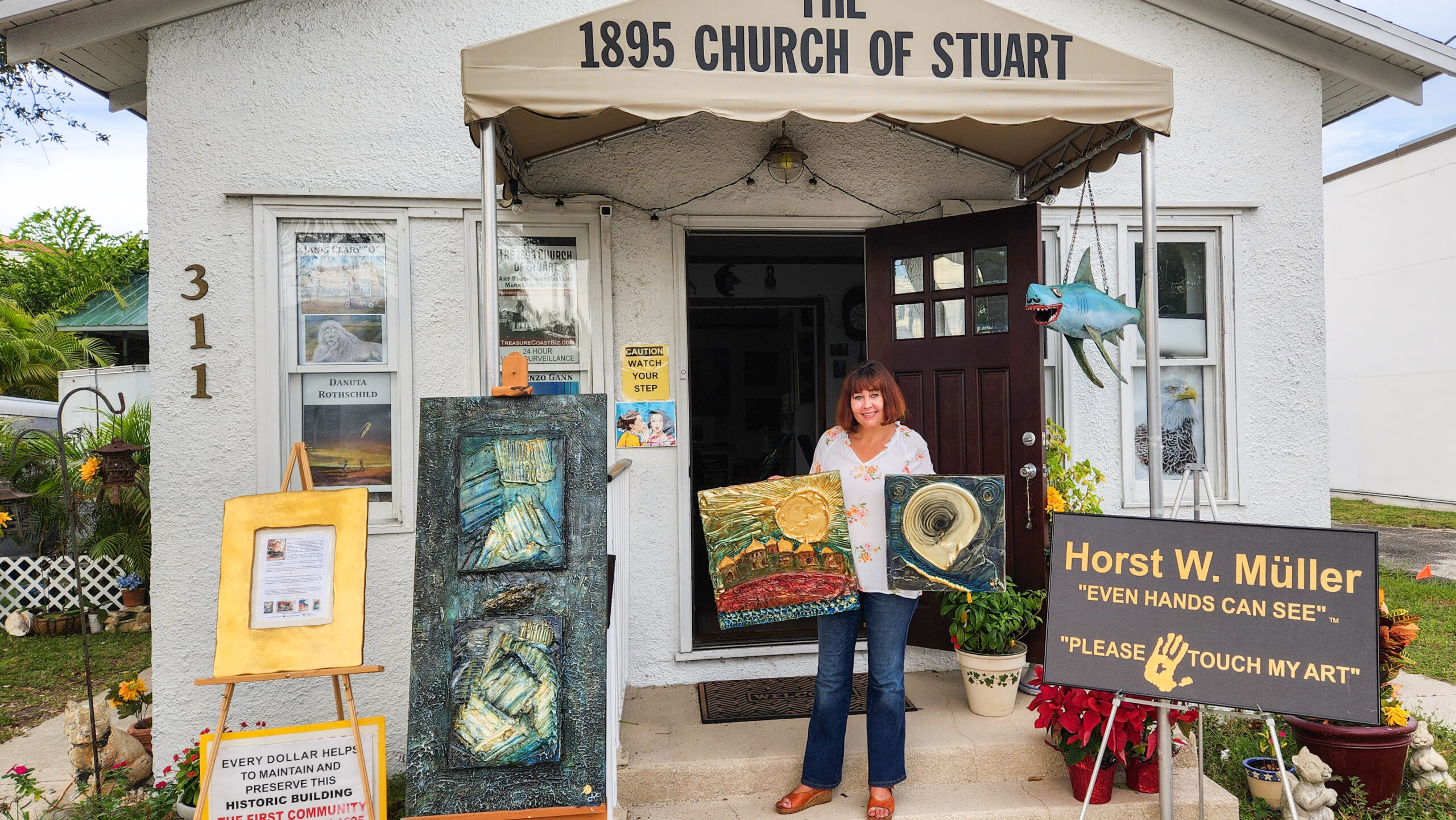 The 1895 Church of StuArt, historical building of the first community church, also known as the pioneer church, built in Stuart in 1895. Local history and art. Fine art studio in Downtown Stuart, Florida. Tectile Art by Horst Mueller - Please Touch My Art
